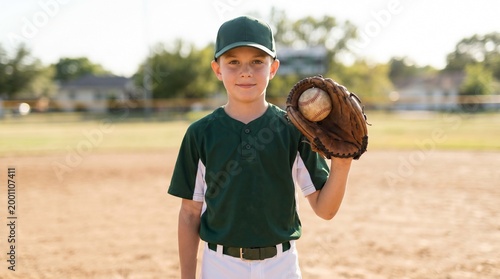Baseball's Little League: A young baseball player, filled with anticipation and focus, stands ready on the field, glove in hand, ball at the ready, embodying the spirit of youth and sport.