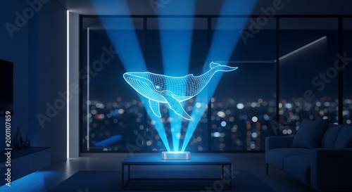 Futuristic 3D Hologram of a Whale Projected from a Smart Device in a Modern Living Room at Night with a Panoramic Cityscape Background and Bokeh Lights