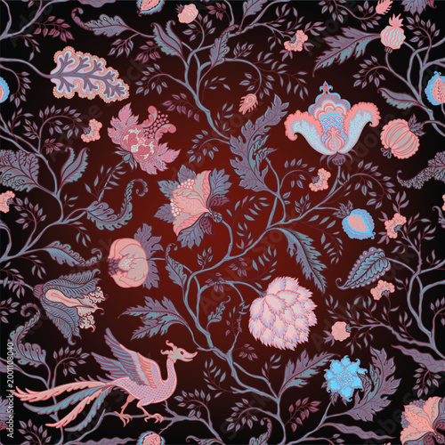 Chintz inspired Floral vintage seamless pattern in Jacobean style for retro w...