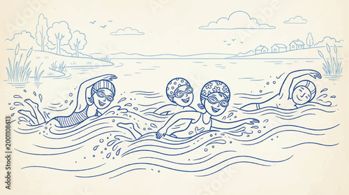 Hand drawn doodle illustration of a group of people swimming in a natural lake with a scenic landscape background
