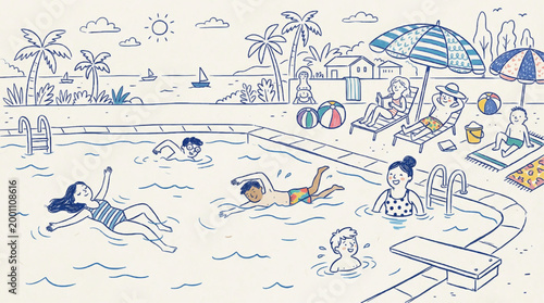 Hand drawn doodle illustration of people enjoying a summer day at a tropical swimming pool resort near the ocean