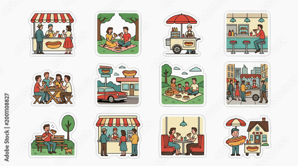 Fototapeta premium Set of retro style illustrations featuring people eating hot dogs in various social settings