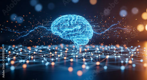 Advanced AI Technology Concept Featuring a Luminous Digital Brain with Circuitry and Neural Networks Over a Data Grid Representing Machine Learning and Innovation
