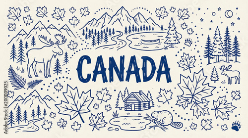 Canada travel concept with national symbols and nature landscape in doodle line art style