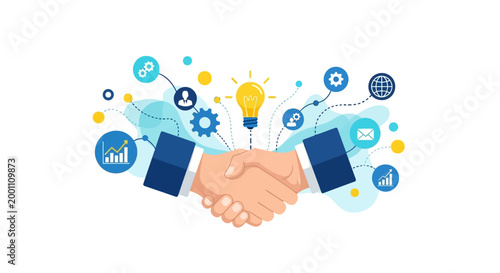 Illustrated handshake symbolizing a business partnership, set against a clean white background with connecting icons, rendered in a flat lay style with a bright and optimistic mood
