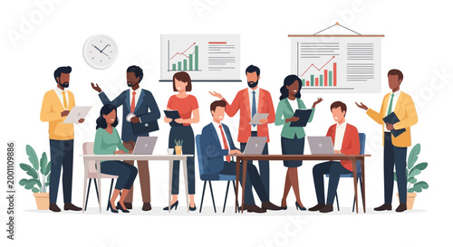 Diverse business team collaborating in a modern office, reviewing financial charts and using laptops in a flat vector style with bright, optimistic colors, creating a sense of teamwork