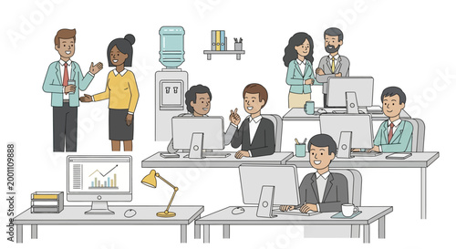 Friendly coworkers are depicted in a hand-drawn illustration, collaborating and working at their desks in a bright office space with a water cooler, creating a positive and productive