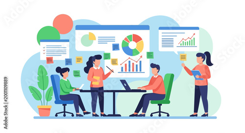 Diverse business team analyzing charts and graphs during a meeting around a table, depicted in a vibrant, flat vector illustration against a light blue background, conveying collaboration