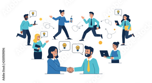 Diverse business team members collaborate and shake hands in a flat vector illustration against a clean white background, conveying a dynamic and innovative environment with light bulb