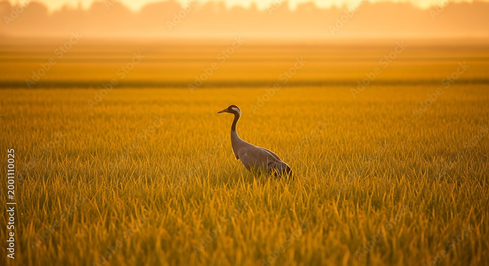 Fototapeta premium Majestic Common Crane Standing in a Golden Rice Field at Sunrise Beautiful Wildlife Photography Capturing a Migratory Bird in Serene Morning Light and Nature