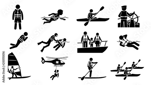 Water Safety Icons – Life Jacket, Rescue, Kayaking and Marine Activity Silhouettes