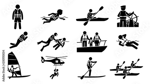 Water Safety Icons – Life Jacket, Rescue, Kayaking and Marine Activity Silhouettes