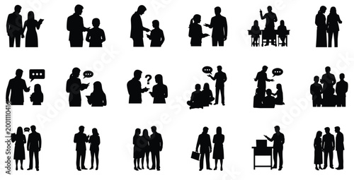 Business Communication and Teamwork Silhouettes, People Discussion Meeting Collaboration Training and Social Interaction Concept Set