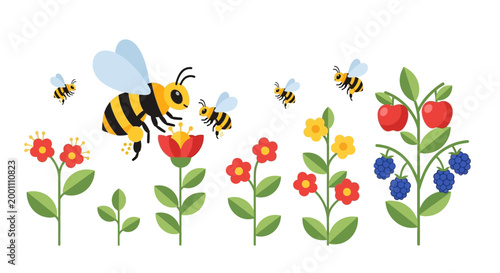 Illustration of bees flying near red and yellow flowers, along with blueberry and apple plants, set against a clean white backdrop, creating a vibrant and cheerful scene with a flat design
