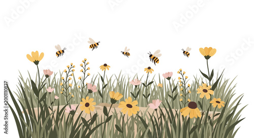 A colorful meadow illustration featuring honeybees flying among yellow and pink wildflowers and tall green grass against a bright white background, rendered in a soft, inviting style