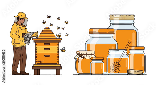 Illustration shows a beekeeper in protective gear tending to a beehive with bees flying around it, next to various jars of golden honey, set against a clean white background with a cheerful