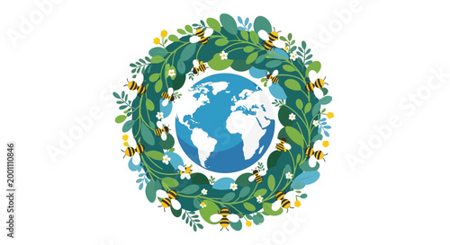 A digital illustration features a blue globe encircled by a wreath of green leaves and small yellow flowers on a white backdrop, creating a vibrant and environmentally conscious design