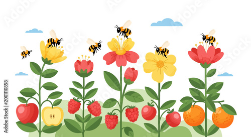 Illustrated garden scene featuring bees pollinating flowers, with strawberries, oranges, and apples growing beneath, set against a white background and rendered in a cheerful, vibrant