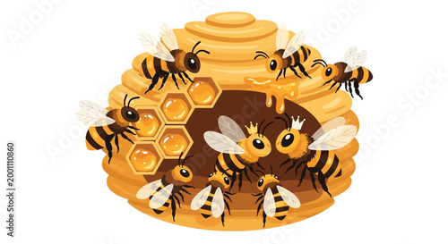 Cartoon illustration showing a beehive surrounded by bees, some wearing crowns, in a cute and cheerful style with golden honeycombs against a clean white background, creating a whimsical