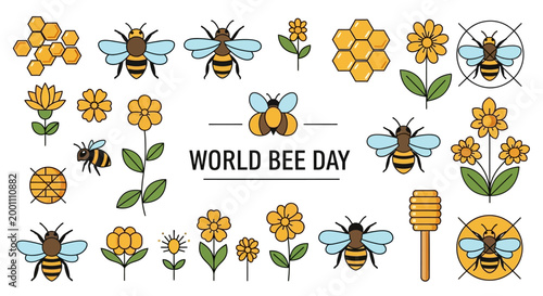 Vector illustration featuring bees and flowers arranged in a flat lay against a white background, showcasing a celebratory theme for World Bee Day with a vibrant color palette and clean