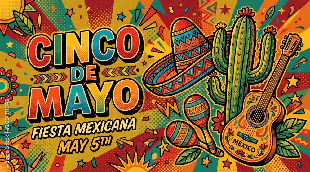 Obraz premium Retro Pop Art Cinco de Mayo Background with Halftone Texture