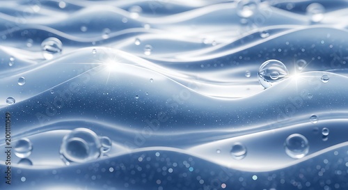 Abstract silky blue gel waves with clear water droplets and sparkling bubbles representing hydration medical purity and premium cosmetic serum texture background