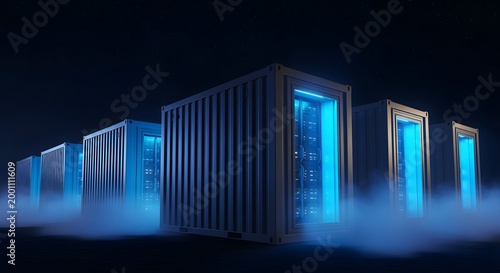 A row of glowing blue server racks within shipping containers, representing data centers, cloud computing, and modern digital infrastructure with fog