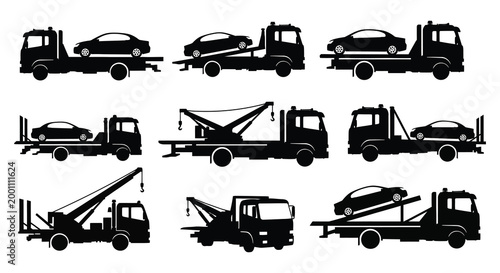 Tow truck silhouette collection diverse vehicle recovery and transport illustrations