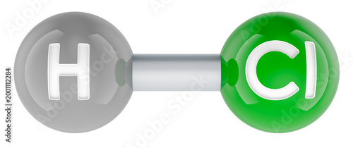 Hydrogen chloride molecule HCl, hydrochloric acid chemical model. 3d rendering