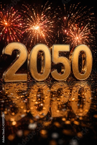 Golden 2050 Year Celebration with Fireworks