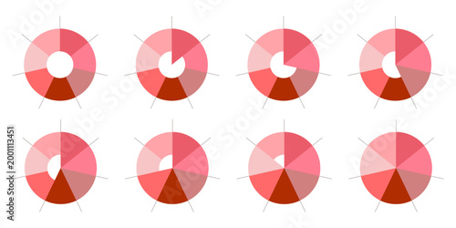Set of circular infographic diagrams with seven segments showing loading process and completion, colorful radial charts for business progress and habit tracker, flat vector illustration.
