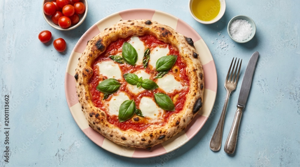 Fototapeta premium Authentic Neapolitan Pizza Placed On A Pastel Ceramic Surface Accompanied By Elegant Cutlery Scattered Ingredients Soft Overhead Diffused Studio Lighting Photorealistic Commercial Photography High