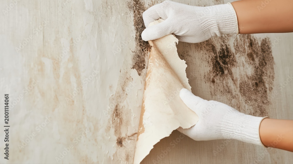 Fototapeta premium Protective-gloved hands peel damaged wallpaper, revealing black mold stains and damp textures underneath. Ultra realistic focus on home maintenance and moisture damage.
