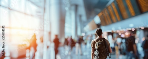 A traveler with a backpack stands in a sunlit airport terminal, gazing at a bright flight departure board. Busy travelers and modern architecture create a dynamic travel scene.