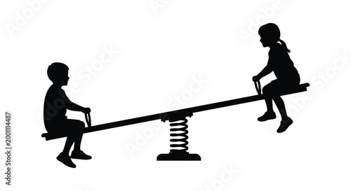 Children playing on a seesaw a black silhouette depicting childhood joy and balance