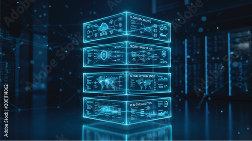 Futuristic digital interface with glowing blue screens and data visualizations in a dark server room environment with reflections