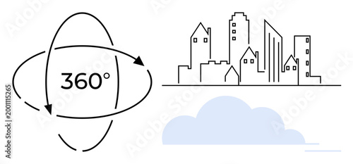 Virtual tours, urban development, technology integration, cloud services, real estate, digital mapping. A 360 symbol next to a city skyline and a cloud. Focus on virtual tours and urban development