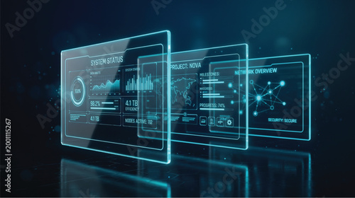 Futuristic digital screens displaying system stats and network overview in neon blue on a dark background with reflections