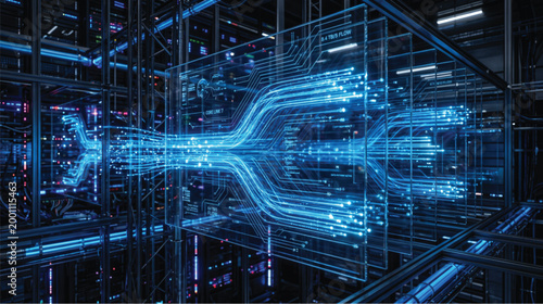 Futuristic blue circuit board with glowing neon lines and wires in a dark technological background with metal framework