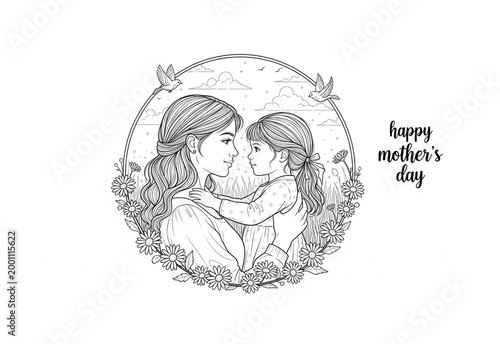 Continuous line drawing of mother and toddler holding hands
