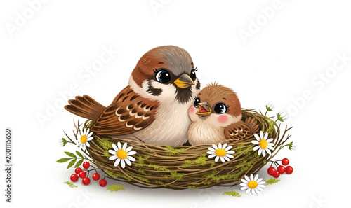 Cute illustration of mother bird and baby sparrow in a flower nest