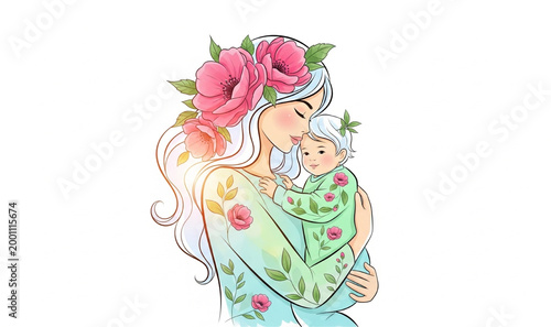Beautiful watercolor illustration of mother with flowers in hair holding baby