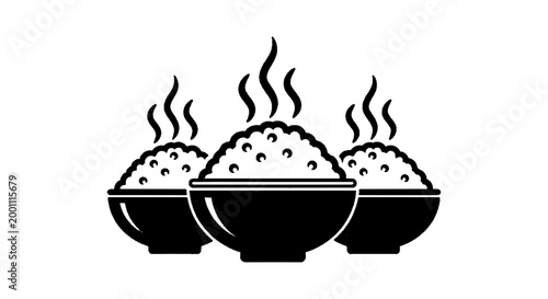 Minimal black silhouette icon, simple flat vector, bold black shape, no, no shading three bowls of hot steaming rice on a, flat icon style