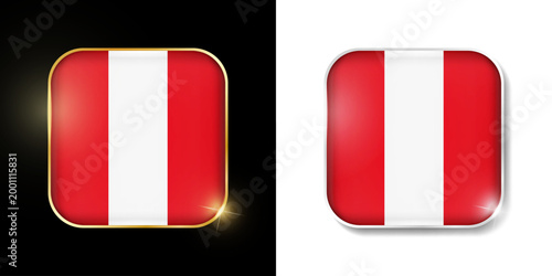 Peru flag shiny golden and silver icons isolated on black and white. Vector 3D square rounded illuminated buttons with shadow. Use for bets, tournament, sport games
