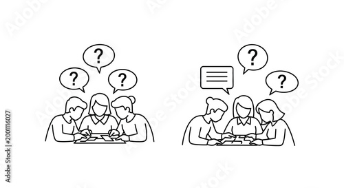 People in discussion with thought and speech bubbles a minimalist silhouette