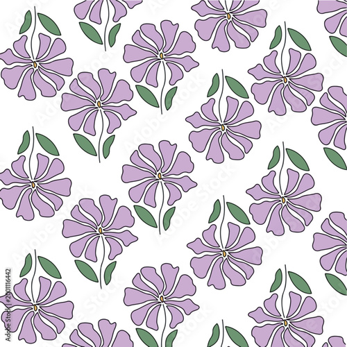 Simple hand drawn seamless pattern of purple flowers and green leaves on white
