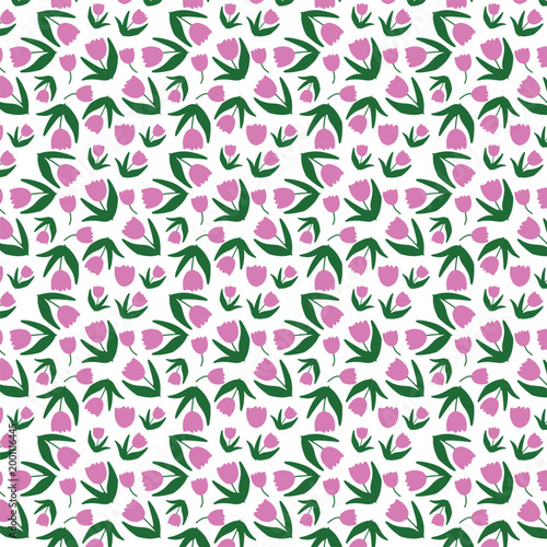 Beautiful seamless pattern of pink tulips and green leaves for spring floral background