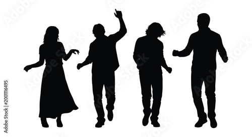 Four people in silhouette a group enjoying themselves with raised arms and movement