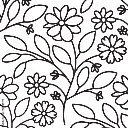 Minimalist black and white floral mandala ornament with symmetrical flowers
