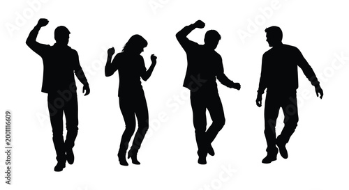 Celebratory silhouette four people raising arms in joyful exuberance and triumph